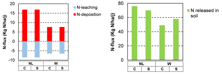 Left: atmospheric deposition and leaching to the groundwater of nitrogen. Right: amounts of nitrogen released by the decomposition of organic matter in dune grassland. Without (C) and with (S) deposition of calcareous sand in the Netherlands (NL) and Wales (W)