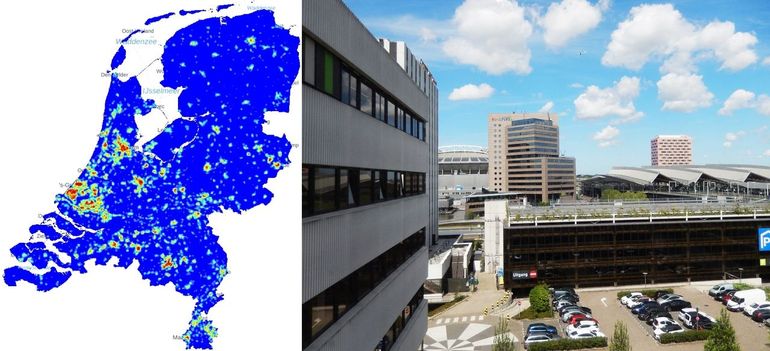 Hitte-eilandeffect: gebouwen, huizen, wegen en stenen houden veel warmte vast. Grote steden herken je op de kaart van Nederland daarom meteen aan de rode en gele vlekken. Ook kleinere woongebieden zie je als lichtblauwe en gele plekken oplichten