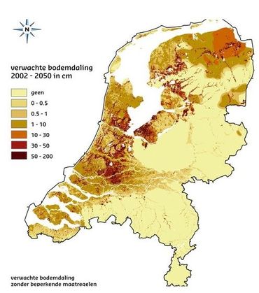 Verwachte bodemdaling 2002-2050 in centimeters