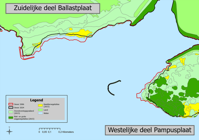 Figuur 2: De oever van de Pampusplaat is op het verste punt in 18 jaar tijd 111 meter teruggetrokken