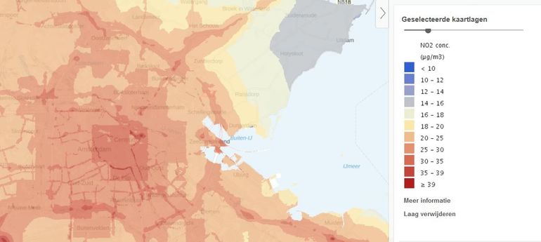 Stikstofdioxideconcentratie in 2017 in de binnenstad van Amsterdam