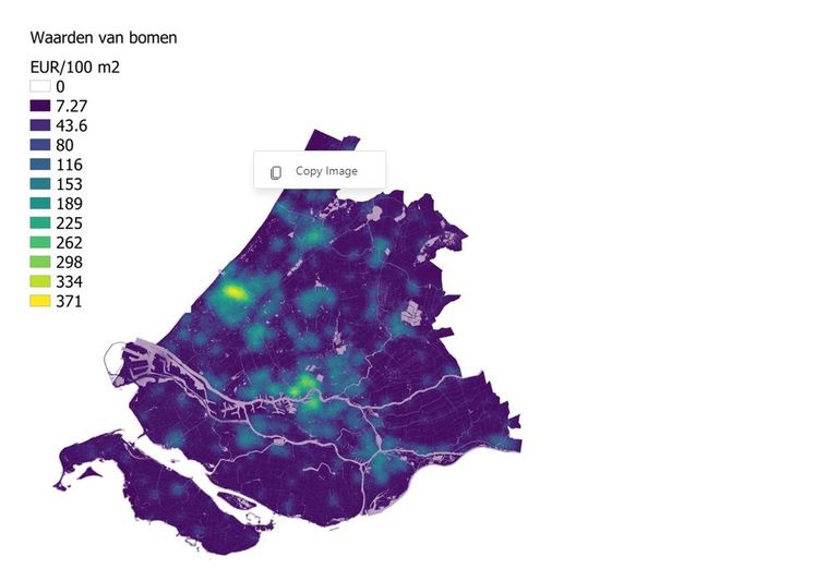 De maatschappelijke waarde die het volgens de Groene Batenplanner in de provincie Zuid-Holland op zou leveren als je op een bepaalde locatie bomen zou laten staan 