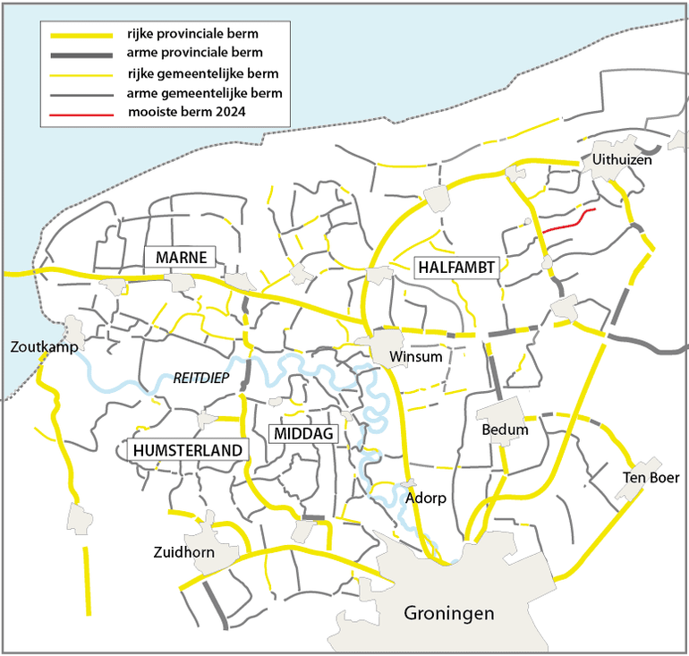 Onderzoeksgebied van de 2020 tot 2024-kartering wilde planten op de Groninger klei