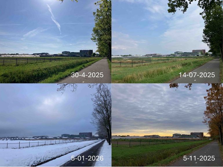 De campus van Wageningen University & Research vanaf de noordzijde gezien met proefvelden op de voorgrond