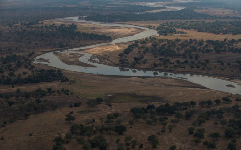 Aerial view of the free flowing Luangwa river