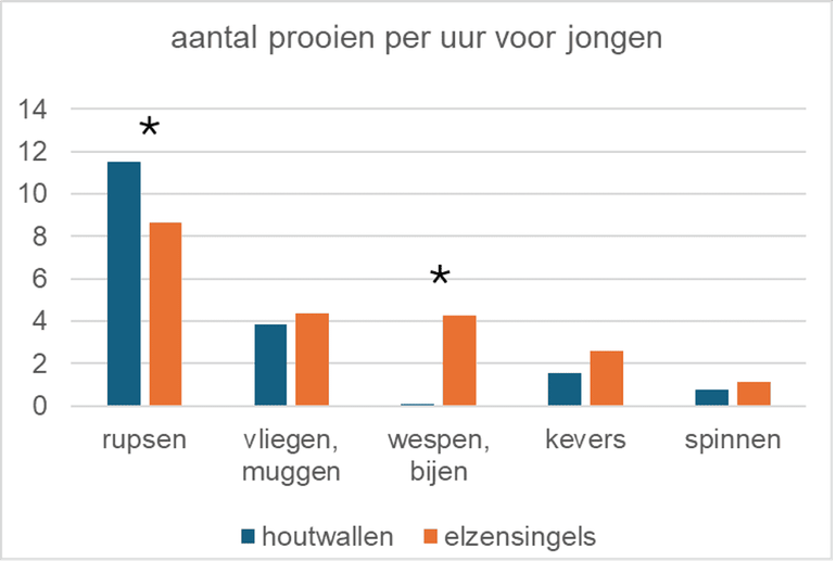 Insecten die gekraagde roodstaarten aan hun jongen voeren in nestkasten in de NFW. Alleen bij rupsen van nachtvlinders en wespen en bijen is er een statistisch significant verschil (aangegeven met *)