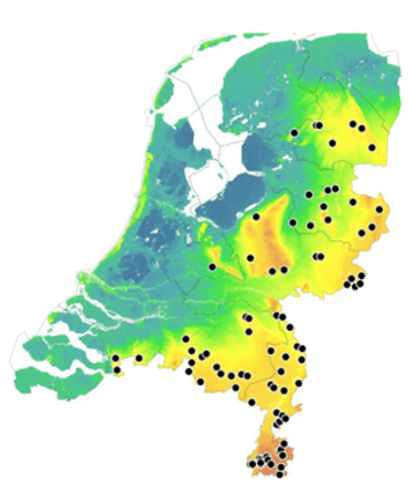 Verspreiding van de oehoe in het broedseizoen van 2023 (84 territoria)