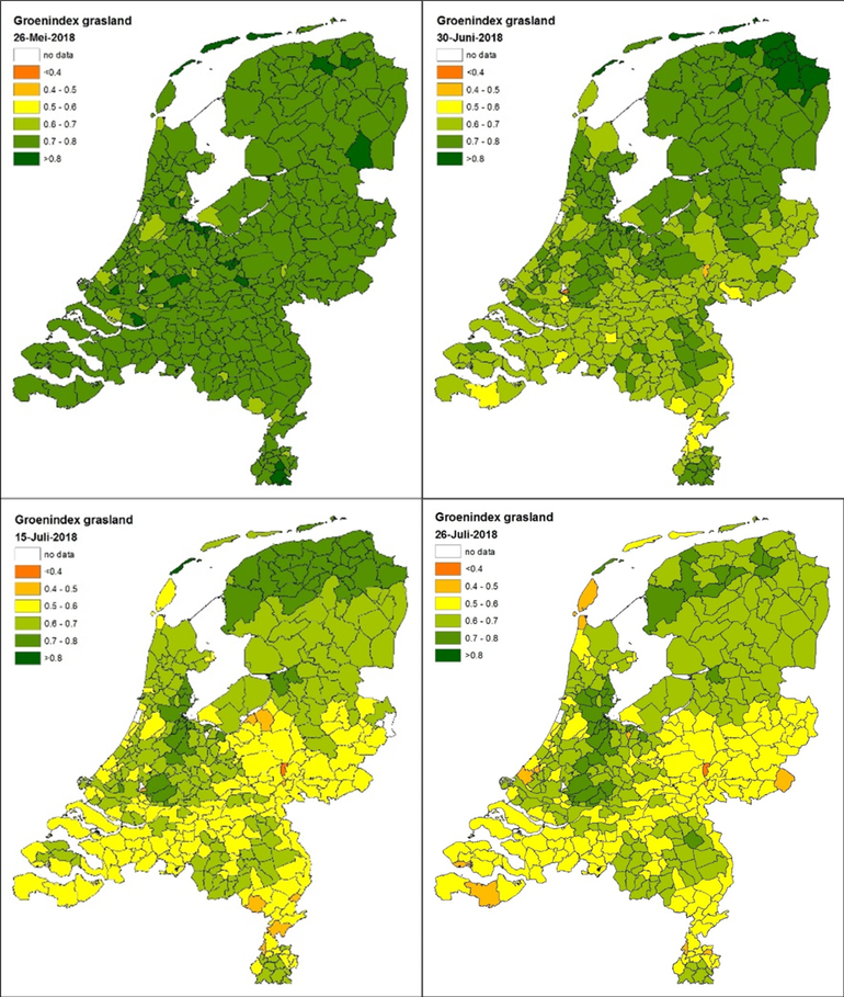 De groenindex van grasland per gemeente op 26 mei, 30 juni, 15 juli en 26 juli 2018