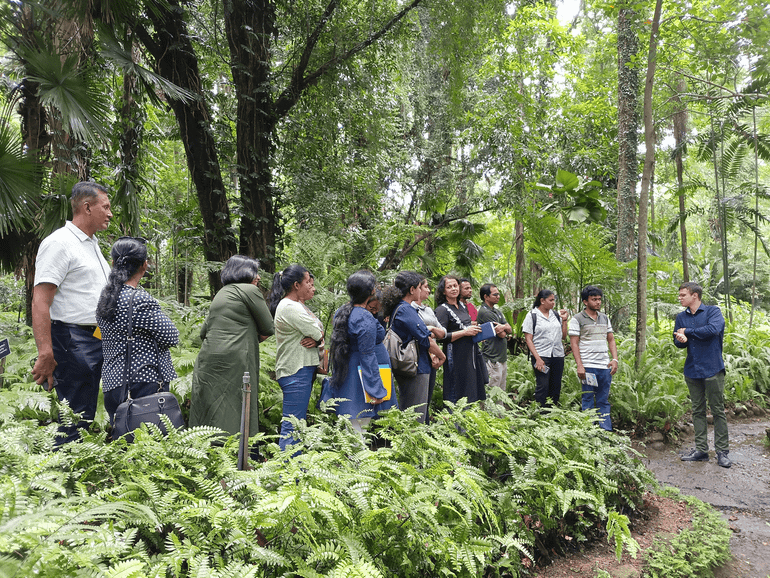 Miguel Fernandez Voortman (geheel rechts) met deelnemers aan workshop 'varens zaaien' in Sri Lanka