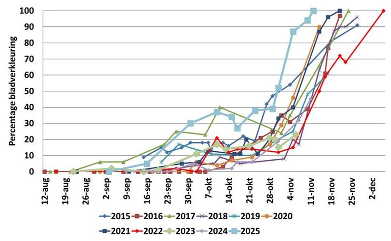 Figuur 7: Verloop van het percentage verkleurde bladeren van de zomereik op de campus van Wageningen University & Research in de jaren 2015 tot en met 2025. De dikke lichtblauwe lijn is 2025
