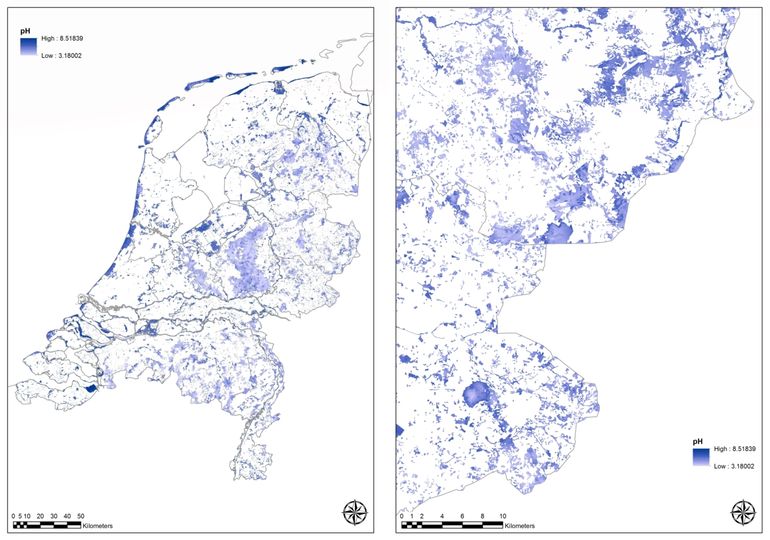 Geschatte bodem-pH voor Nederlandse natuurgebieden met een uitsnede voor de oostelijke Achterhoek en Twente. Binnen de gebieden is variatie in pH te zien, wat aangeeft dat er een behoorlijk genuanceerd beeld wordt verkregen