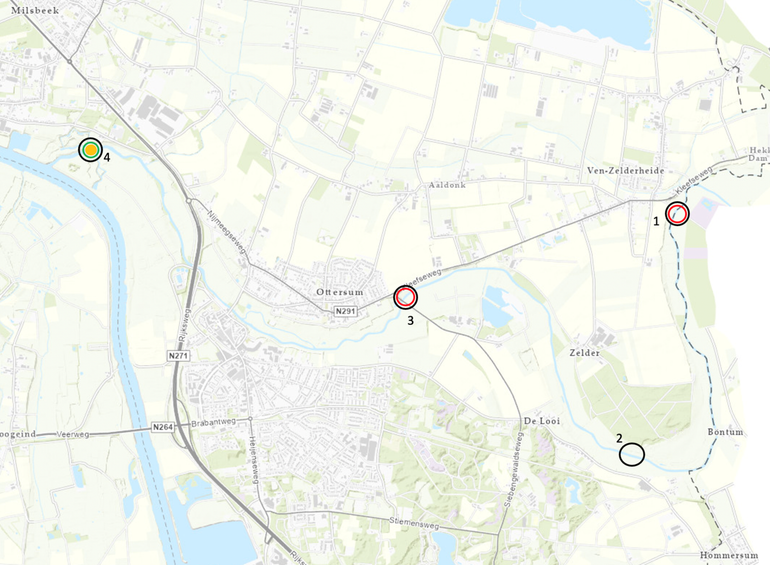 De eDNA-samplelocaties in de Niers (zwarte cirkels 1 t/m 4). Rode cirkels: positieve detectie 25 mei 2021; groene cirkel: positieve detectie 14 juni 2021; oranje stip: positieve detectie 29 juni 2021