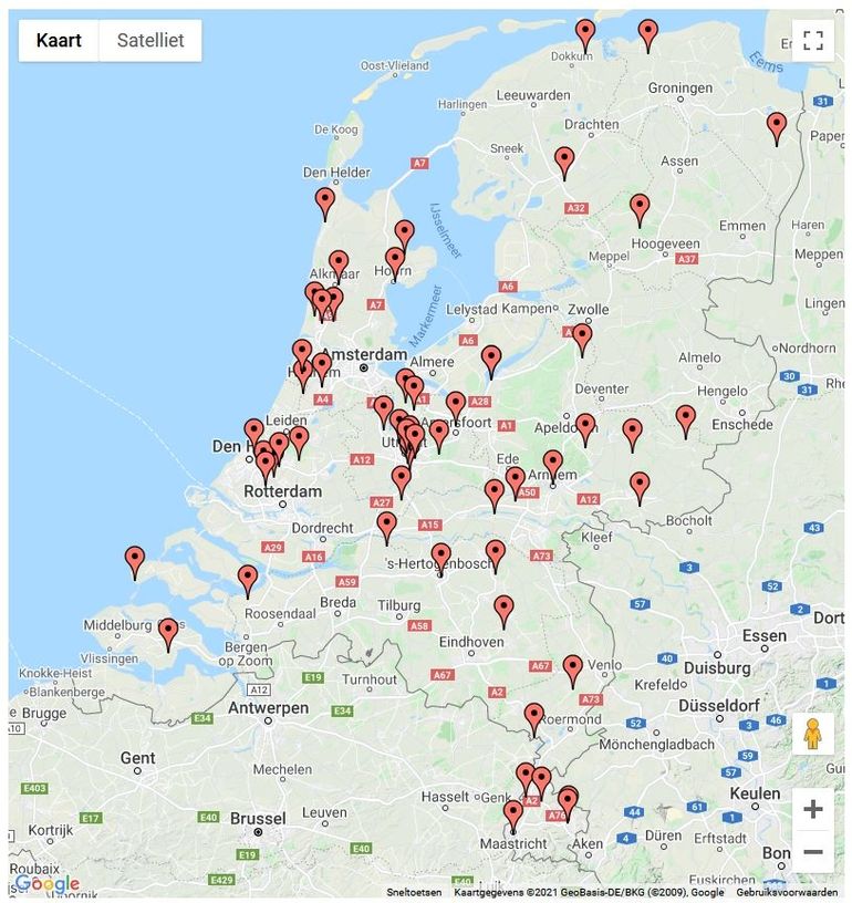 Locaties van de Nacht van de Vleermuis (dd 8-3-2021). Kijk voor het meest actuele overzicht op Nachtvandevleermuis.nl