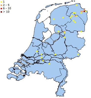 Gemelde kwartelkoningen tot en met 16 juni via tellingen en losse meldingen op Waarneming.nl