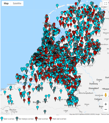 Alle waarnemingen van de mate van muggenoverlast die in 2018 door zijn gegeven via Muggenradar.nl