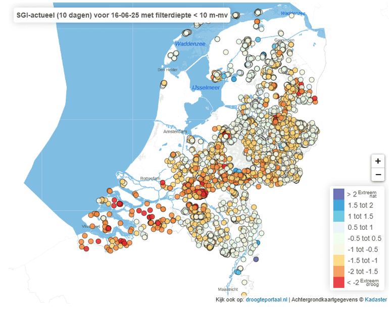 Grondwatertekorten in beeld (17 Juni 2025). Deze kaart laat zien waar in Nederland het grondwater veel lager staat dan normaal voor de tijd van het jaar. In veel gebieden is sprake van ernstige of zelfs extreme droogte