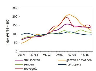 Ontwikkeling van de totale aantallen watervogels en van eenden, ganzen & zwanen, steltlopers en zeevogels afzonderlijk sinds 1975/76