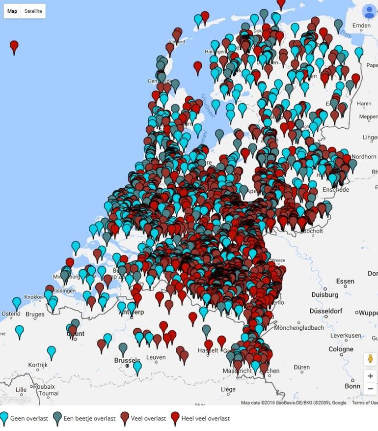 Figuur 1: Locaties waar muggenoverlastmeldingen zijn doorgegeven in de periode 27 juni 2016 tot en met 24 augustus 2016