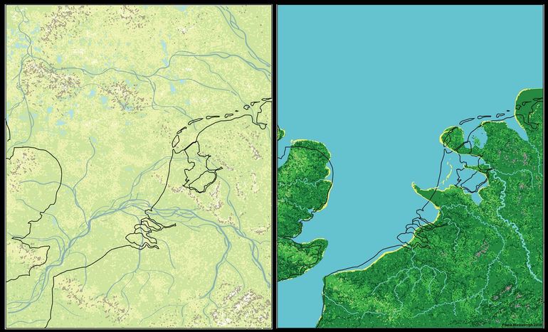 Links: impressie van Nederland ten tijde van de mammoetsteppe in de laatste IJstijd (Weichselien), ongeveer 30.000 jaar geleden. De zuidelijke Noordzee stond droog en de fuikhorens leefden waarschijnlijk ver naar het zuiden. Rechts: impressie van Nederland ten tijde van de voorlaatste tussenijstijd, het Eemien (ca. 115.000 jaar geleden). Een warme periode waarin de zee tot voorbij Amersfoort reikte en fuikhorens een algemene verschijning waren in de baaien en kustzone