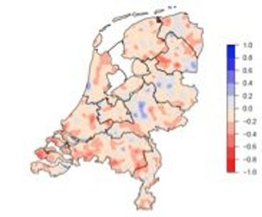 Afname (rood) en toename (blauw) van het aantal koekoeken ten opzichte van broedvogelatlas 1998-2000