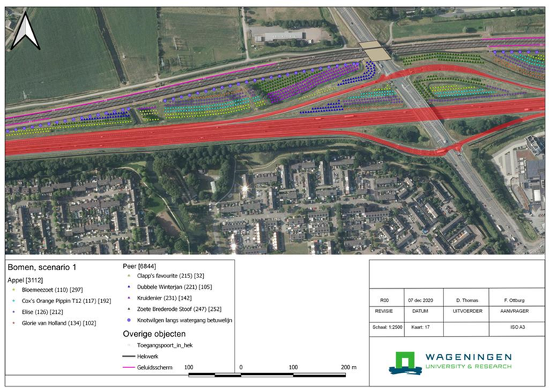 Elk scenario bestaat uit 38 kaartbeelden en per kaart is ingevuld waar, hoeveel en welke boomsoorten worden aangeplant. Bovenstaande kaart is kaart 17 uit scenario 1 rondom de afslag Tiel