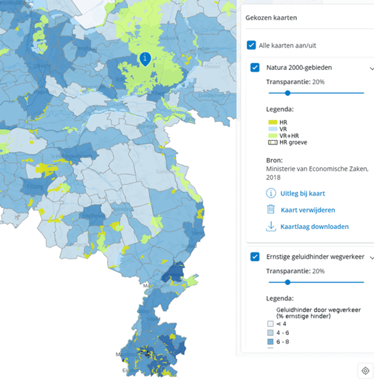 Combinatie van kaarten Ernstige geluidhinder wegverkeer en Natura 2000-gebieden, zoals rond Ede, Velp en Hoenderloo. De groengele gebieden zijn de Habitatrichtlijngebieden (HR) en de lichtblauwe gebieden zijn de Vogelrichtlijngebieden (VR). De lichtgroene gebieden zijn zowel Vogelrichtlijngebied als Habitatrichtlijngebied