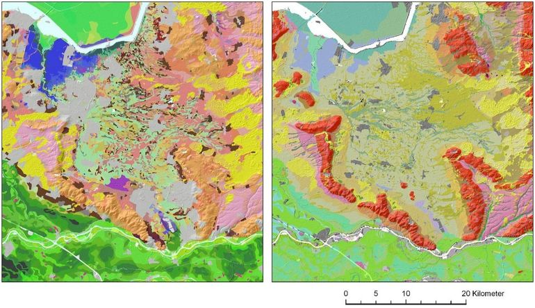 Impressie van de Bodemkaart (links) en de Geomorfologische Kaart (rechts) voor de Utrechtse Heuvelrug, Gelderse Vallei en Veluwe, geactualiseerd in 2020 en 2021