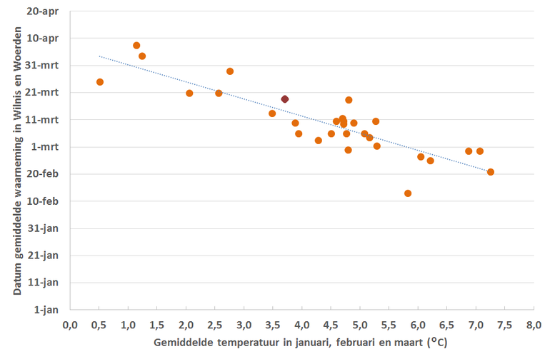 Relatie tussen de gemiddelde temperatuur in de maanden januari tot en met maart en het moment waarop de eerste bij gezien is met wilgenstuifmeel in Wilnis en Woerden. De donkerrode stip is de waarneming in 2018