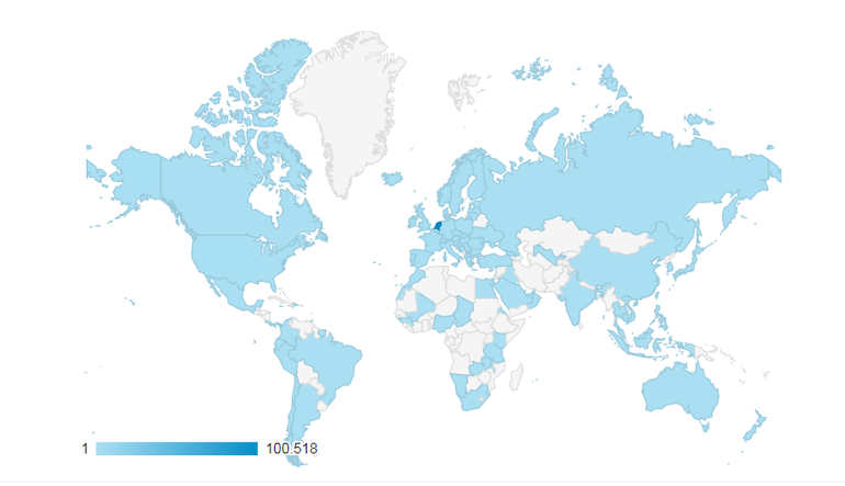 Vanuit de blauw gekleurde landen zijn mensen op Processierups.nu geweest 