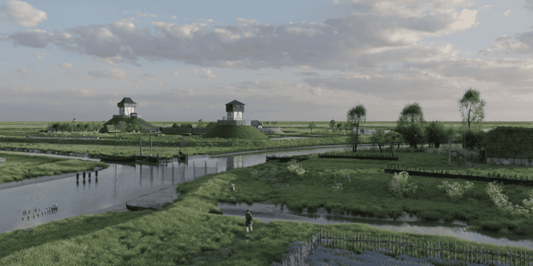 Zicht op de trotse mottekastelen van Wemeldinge in het jaar 1150. De motte aan de linkerkant staat er nog steeds. Boeren deed men op het schor, achter kleine dijkjes