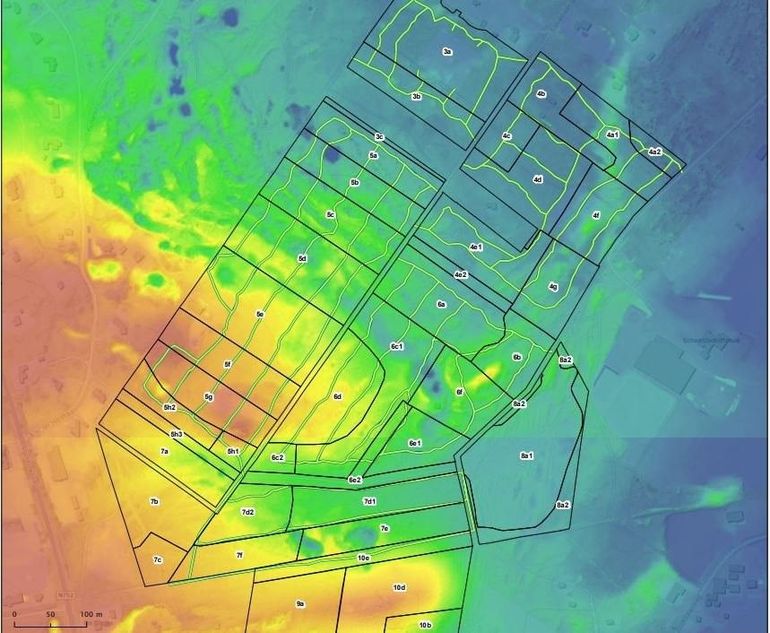 Kaart met de vastgelegde nieuwe permanente dunningspaden (groen). De zwarte lijnen zijn de grenzen van de compartimenten. De resterende veertig procent van het landgoed krijgt pas bij de volgende oogst vaste dunningspaden, waarbij ervaringen uit de eerste fase worden meegenomen