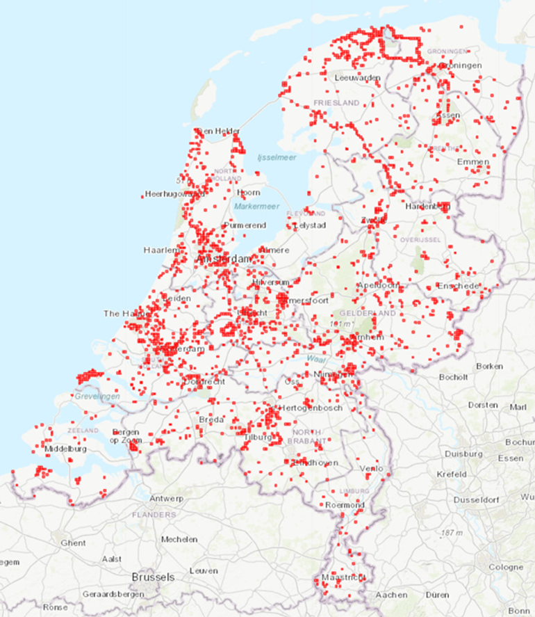 Verspreiding van waarnemingen van mollen(sporen) die tijdens het Mollenweekend doorgegeven zijn via waarneming.nl