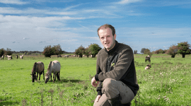 Kuddebeheerder Juleo Litjens in de Elster Buitenwaarden, met op de achtergrond de konikpaarden