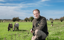 Kuddebeheerder Juleo Litjens in de Elster Buitenwaarden, met op de achtergrond de konikpaarden