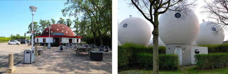 Links: snackbar De Paddenstoel in Nijkerkerveen. Rechts: bolwoningen in Den Bosch