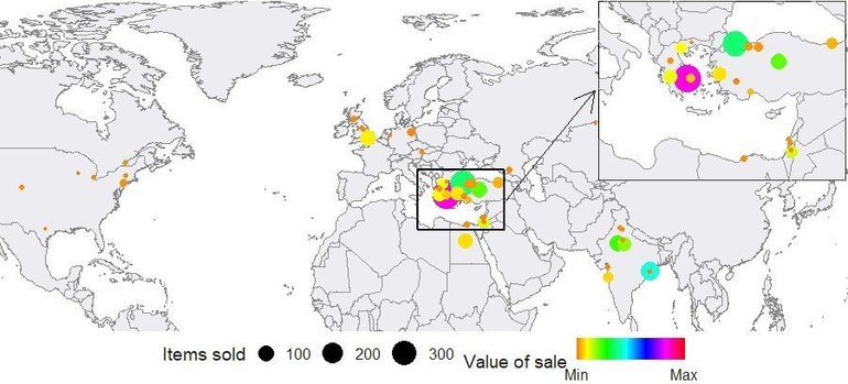 Verkoop van salep weergegeven per land met aantal verkochte artikelen en de relatieve verkoopwaarde