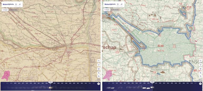 Van beeklandschap naar stad. De Watertijdreis (RCE/STOWA) laat met historische Waterstaatskaarten zien hoe het Nederlandse waterlandschap veranderde. Rond Enschede zijn in 1884 (links) verschillende beken en waterlopen herkenbaar, waaronder de Elsbeek, Eschbeek en Wiediksbeek. In 1990 (rechts) heeft de stad zich sterk over het vroegere beeklandschap uitgebreid en zijn verschillende oude waterlopen niet meer als open beek herkenbaar