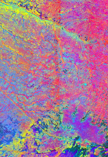 An example of the use of Earth Observation for monitoring ecosystem services. A false colour composite of predicted abundance of Graminoids (Red) Shrubs (Green) and Bryophytes (Blue) representing vegetation composition on a peatland from Partial Least Squares Regression models on a hyperspectral image.