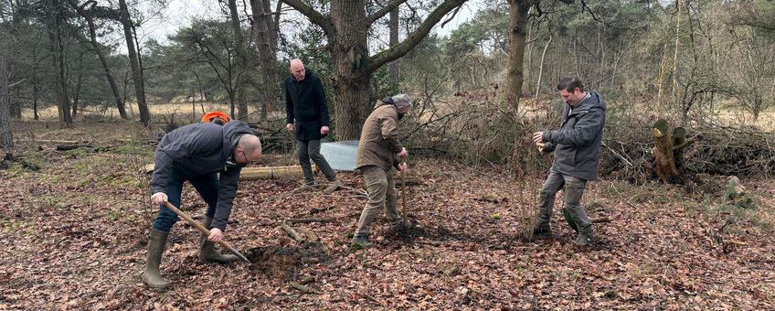 Op 23 februari werden de laatste van de 9.000 nieuwe boompjes geplant - met o.a. wethouder Peter Bakker (midden) en links en rechts Bosgroepers Hans van Lommel en Jos Kerssemakers