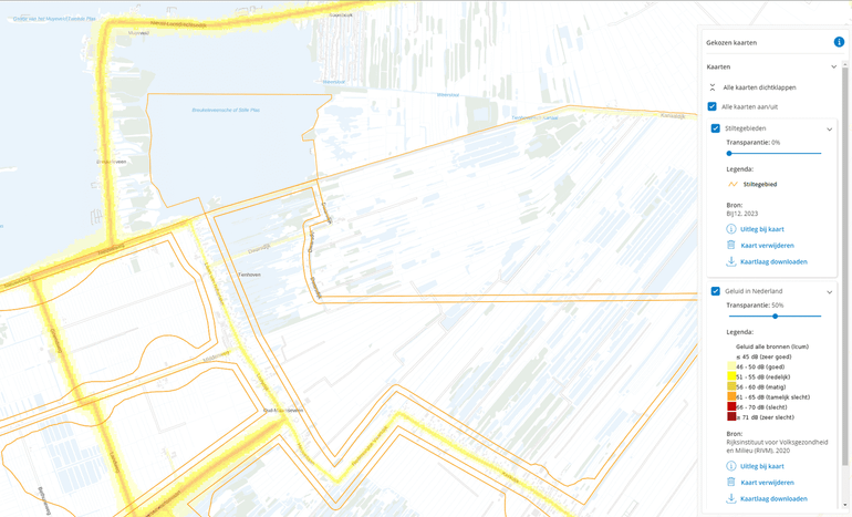 Deze geluidskaart laat zien dat het Tienhovensch Kanaal bij Utrecht een stil gebied is