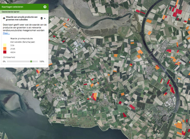 De waarde van actuele productie van groenten op Tholen, met subsidies. De rode kleuren geven waarden van ongeveer 4934 euro per hectare per jaar aan