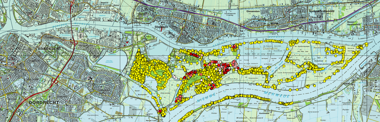 Verspreiding van de Slanke schorshoren (Balea perversa) in de Sliedrechtse Biesbosch. Geel: boom onderzocht maar soort afwezig; Van roze tot rood: aanwezig. De Sliedrechtse Biesbosch vormt een van de belangrijkste brongebieden. Concentraties van waarnemingen liggen vooral langs het stroomgebied van de Wantijrivier. Na het verdwijnen van de griendcultuur heeft de soort zich sterk binnen De Biesbosch uitgebreid. Goede ruimtelijke samenhang van leefgebied, zoals rijen (knot)wilgen op ongestoorde bodems langs de Wantijrivier, zijn cruciaal voor migratie naar andere gebieden.