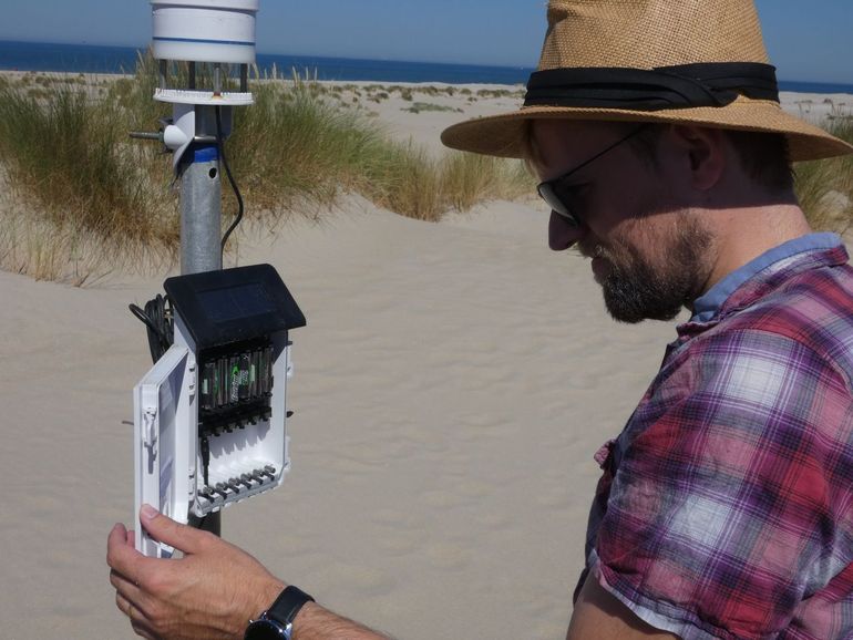 Reading out a datalogger from a weather station, which measures atmospheric conditions like precipitation, air temperature and wind speed at the research plots