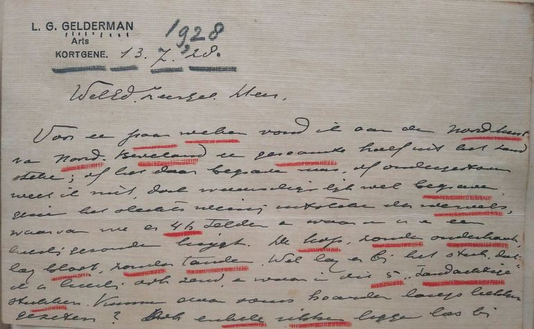 Een briefkaart van L.G. Gelderman van 13 juli 1928, waarin hij aan Van Deinse een dode tuimelaar meldt die hij in juni 1928 op het strand vond bij Wissenkerke. Van Deinse heeft met rood potlood belangrijke zaken onderstreept
