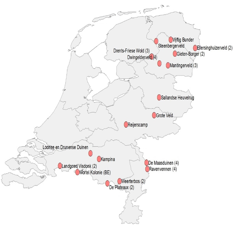 In totaal zijn er verspreid over het land 36 heidevelden in 18 natuurgebieden onderzocht