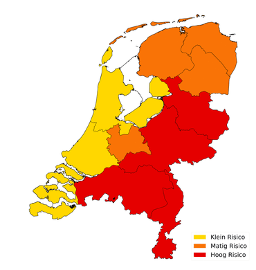 Risicokaart voor valse lentes in Nederland. Met een ‘Hoog Risico’ in rood, ‘Matig Risico’ in oranje en ‘Klein Risico’ in geel
