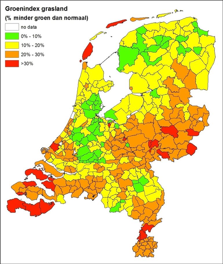 De impact van de droogte op de groenindex van grasland per gemeente als procentuele daling tussen 26 mei en 26 juli 2018