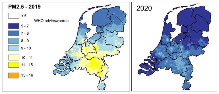 Jaargemiddelde concentraties fijnstof (PM2,5) in 2019 en 2020