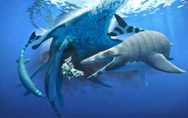 Een reconstructie van Xenodens calminechari die een karkas van de elasmosaurid Zarafasaura oceanis opruimt