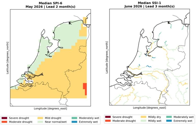 Figuur 4: Indicatoren voor droogte (SPI en SSI). De SPI (boven) laat zien hoe afwijkend de neerslag is ten opzichte van normaal en geeft daarmee een beeld van meteorologische droogte. De SSI (onder) toont afwijkingen in rivierafvoer en weerspiegelt hoe droogte doorwerkt in het watersysteem. Samen laten deze indicatoren zien waar droogte ontstaat en waar deze ook zichtbaar wordt in lagere rivierafvoeren